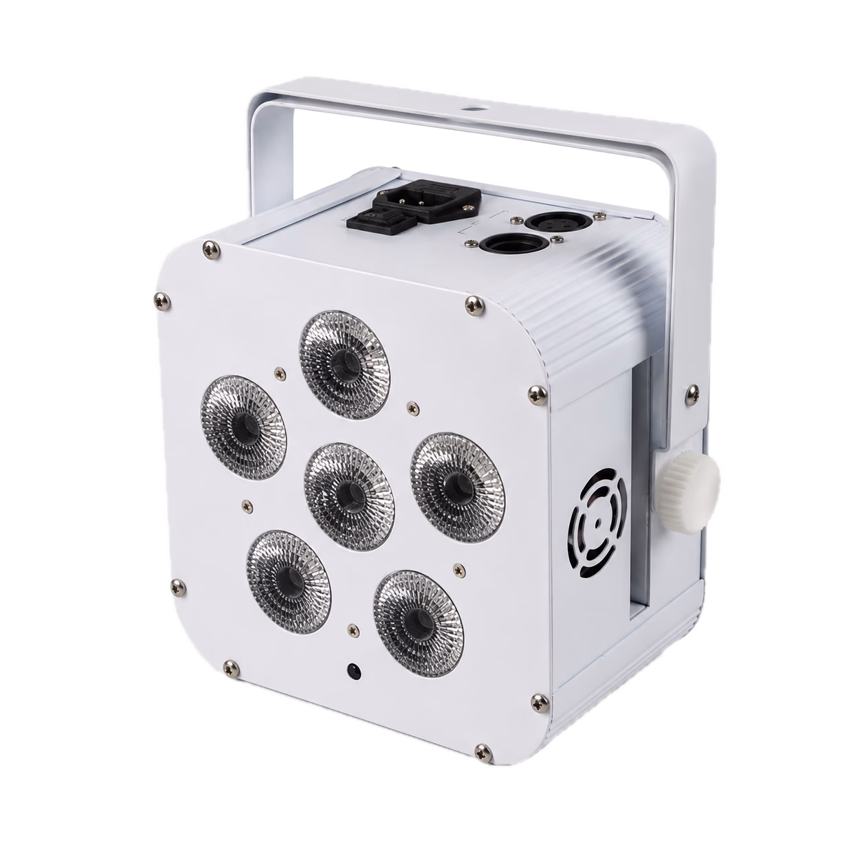 White LumiUp Mini S6 square battery LED PAR with six unlit lenses