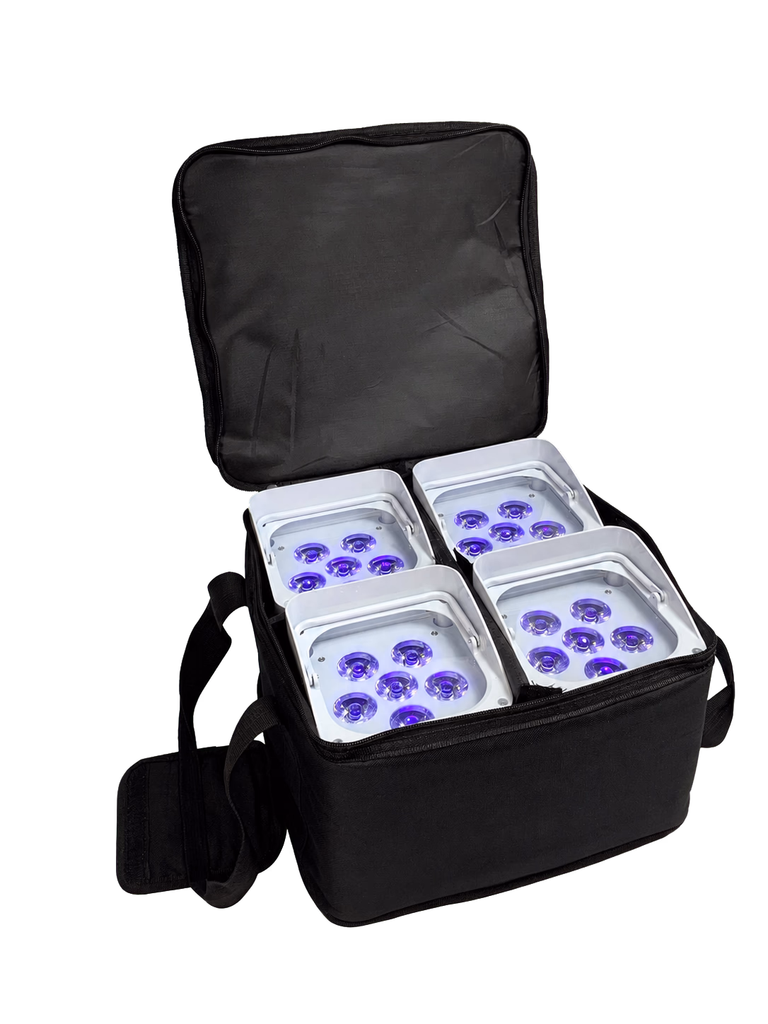 Open LU-SB4 portable carry bag holding four illuminated compact battery lights