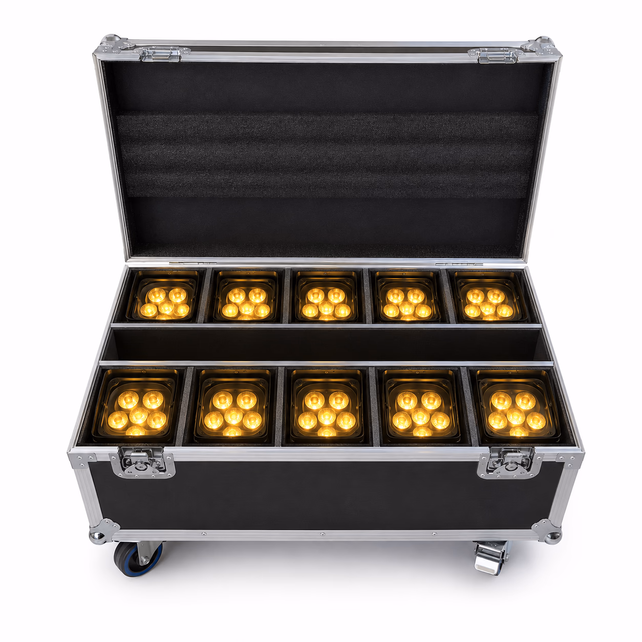 Open LumiUp 10-light battery PAR charging flight case with organized fixture compartments