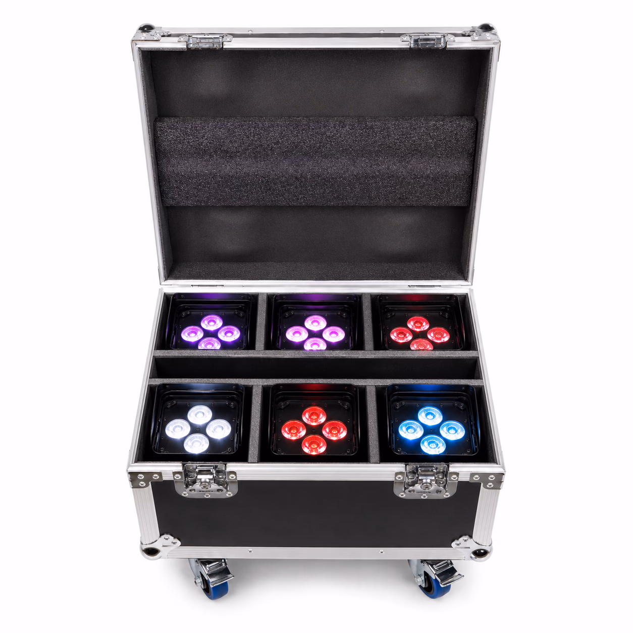 Open LumiUp 6 in 1 charging flight case holding six battery PAR lights