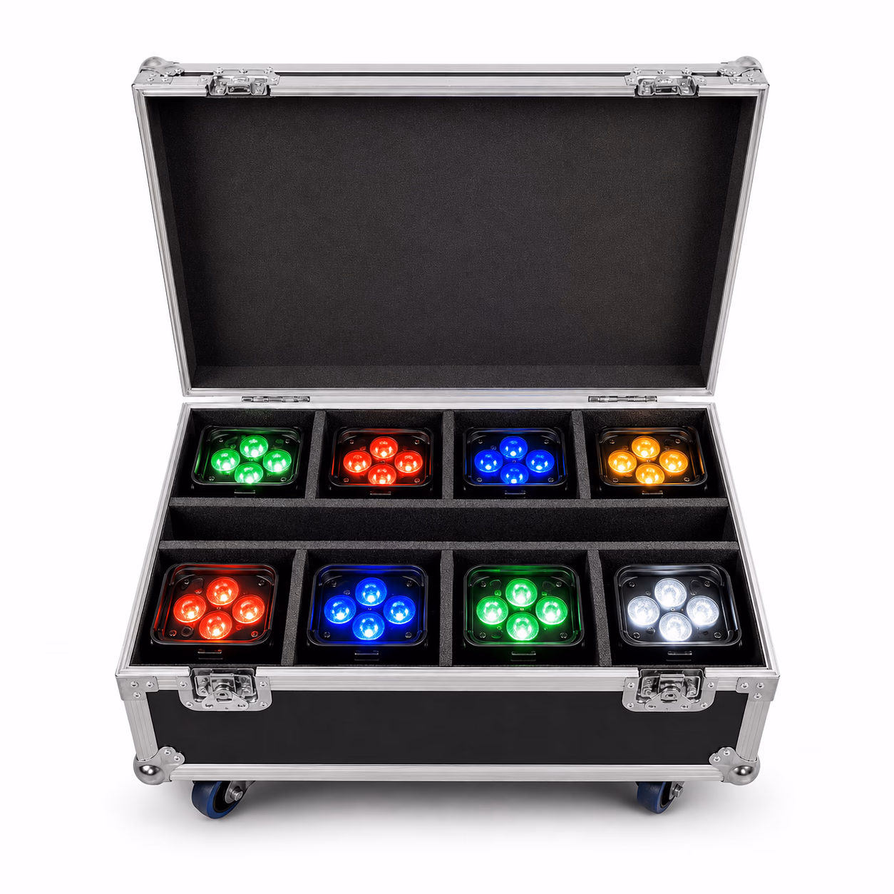 Open 8 in 1 charging flight case holding eight battery PAR lights