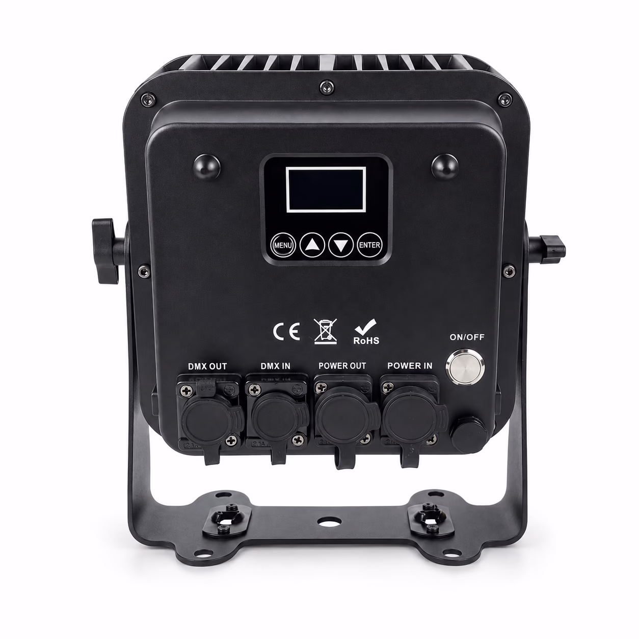 Rear control panel and protected power and DMX connections on LumiUp Flex P16 Pro