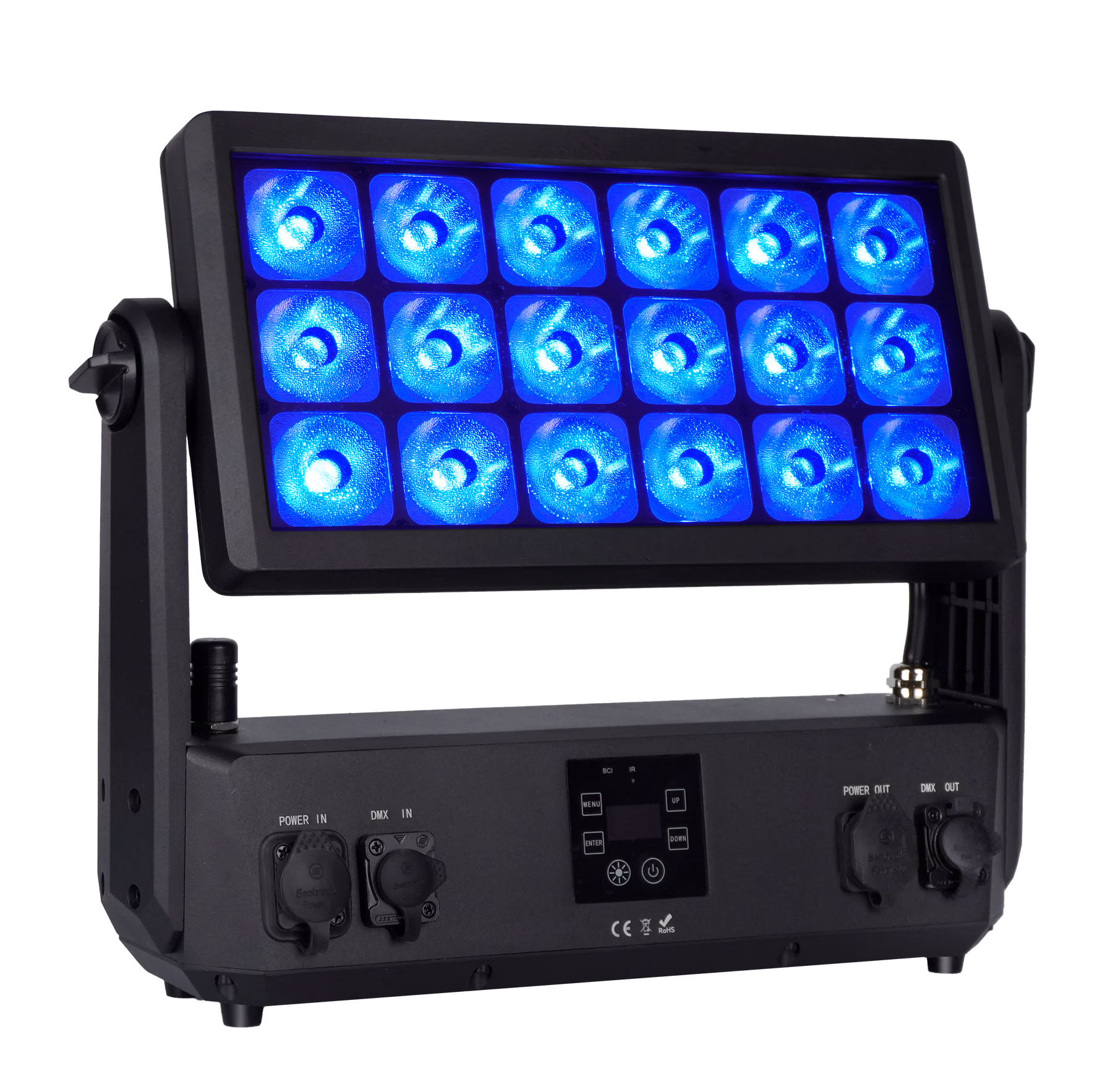 LumiUp Flex PL18 Pro showing its eighteen-lens RGBWA UV optical array in blue