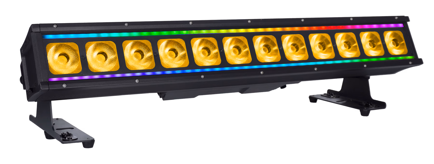 LumiUp Flex W12 Pro showing amber output from twelve lenses and multicolor auxiliary strips