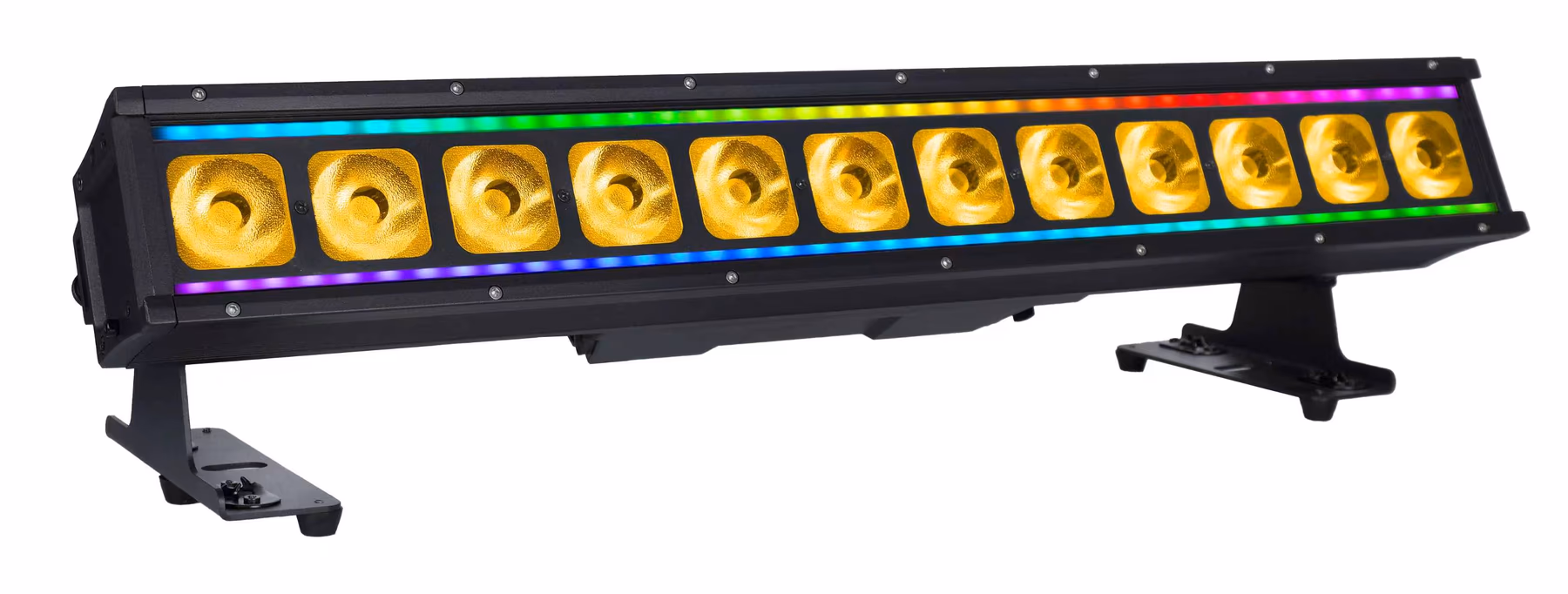 LumiUp Flex W12 Pro battery wall washer with twelve amber lenses and multicolor RGB auxiliary light strips